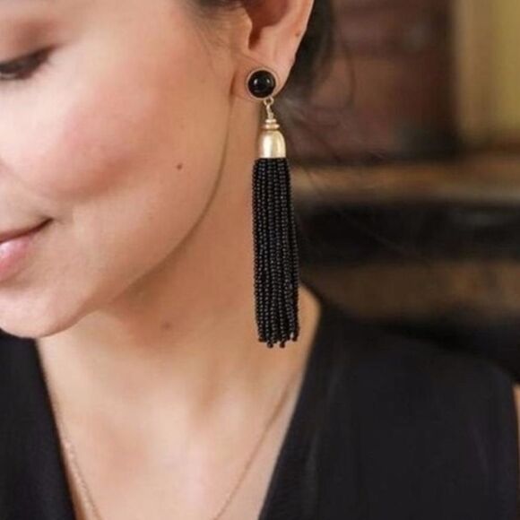 stella & dot ~ gita tassel earrings black with gold tone accents - Picture 3 of 7